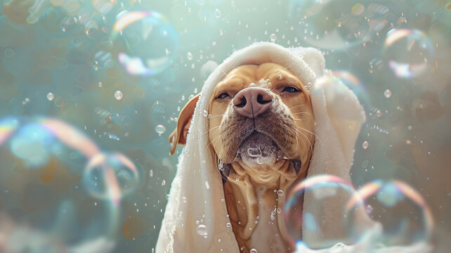 Dog in a spa robe, towel turban, surrounded by bubbles, clean, fantasy illustration