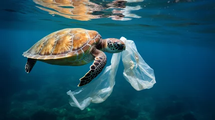 Fotobehang A turtle trapped in a plastic bag in the ocean © Cybonix