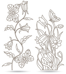 Set of contour stained glass illustrations with  flowers and  butterflies, dark contours on white background