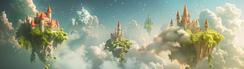 Ethereal 3D castles floating in the sky, fantasy landscape below, in clean, vivid colors - obrazy, fototapety, plakaty