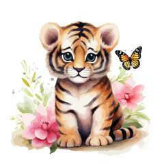 Cute tiger clipart with watercolor with pink flower a