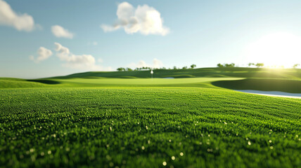 Minimalist 3D scene of a golf course fairway and hole, rendered against a clean, isolated backdrop, with a focus on simplicity and space on the left for text - obrazy, fototapety, plakaty