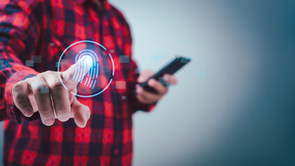 Man scan fingerprint biometric identity and approval, Secure access granted by valid fingerprint scan, Business Technology safety Internet network Concept, Cybersecurity and fingerprint password.