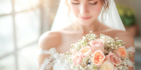 ブーケを持つ笑顔の花嫁