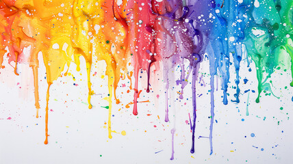 Rainbow splatter painting, with droplets and streaks spanning the spectrum of colors on a clean, white canvas, offering a lively background with bottom copy space