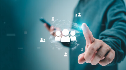 Business people pointing finger in the selection of business target groups, Target customer, Buyer persona, Customer behavior concept, Marketing plan and strategies, Customer centric strategies.