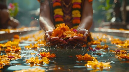 A traditional Janmashtami puja ceremony being performed by a priest, with devotees offering prayers and floral offerings to Lord Krishna - obrazy, fototapety, plakaty