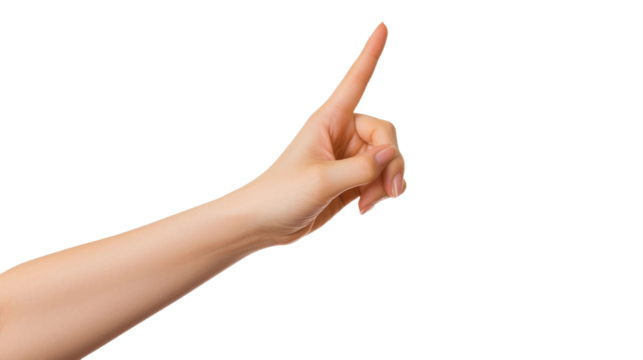 woman hand pointing upwards on a isolated white background
