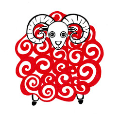 Illustration of a ram isolated on a white background. Stylization. Head and paws black contour drawing. The body has a texture of red spirals, wool. The animal looks in front. Printmaking style.