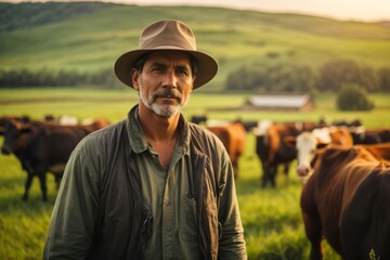 breeder male cattle farmer with cows background.