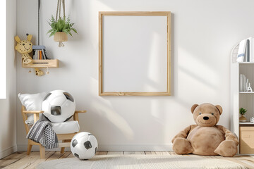 Football Mockup in Wood Frame in a room with some toys and soccer ball, Generative AI