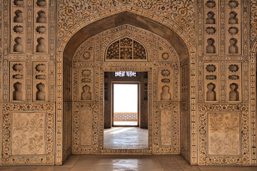 Agra, India - March 16 2024: Mughal architecture at Agra Fort, Agra India. This Fort is a...