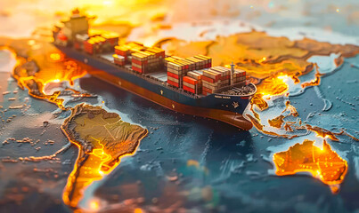 Miniature cargo ship loaded with containers traversing over a golden-lit world map, symbolizing global trade routes and international shipping logistics