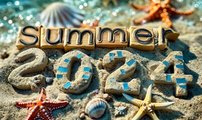Summer 2024 Beach Scene with Scrabble Letters and Marine Decorations in Sand Composition