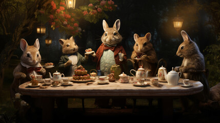 A whimsical tea party hosted by talking animals and se - obrazy, fototapety, plakaty
