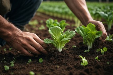 Farmer planting young lettuce seedlings in vegetable garden. agriculture, farming and harvesting concept