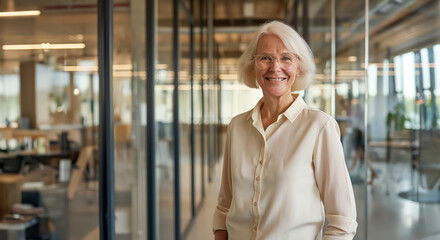 Old senior businesswoman with white hair stands in modern office and smiles into the camera - power woman, career, boss - 763005338