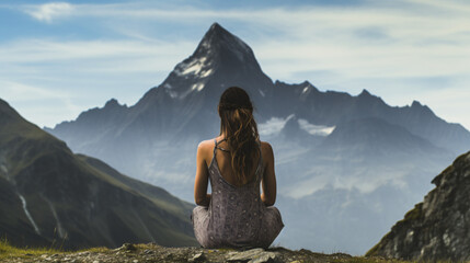 A woman performs yoga in the mountains as viewed from - Powered by Adobe