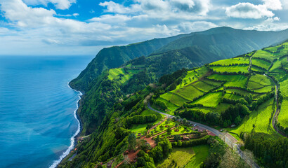 Landscape with Miradouro da Ponta do Sossego Nordeste, Sao Miguel island, Azores archipelago, Portugal.