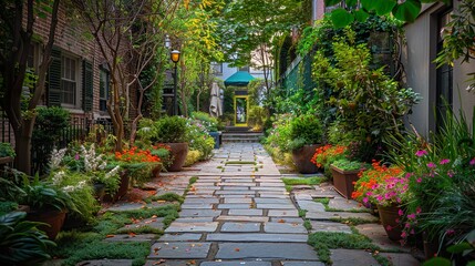 Obraz premium A tranquil garden courtyard with stone pathways and blooming flowers
