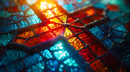 Closeup of a cross-shaped stained glass window illuminated by sunlight, symbolizing the divine light and beauty found in the teachings of Jesus.