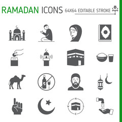 Ramadan solid icon set, Muslim vector collection, logo illustrations, Islamic symbols vector icons, glyph style pictogram pack, editable stroke icons.