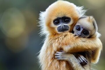 Obraz premium The macaque will hug the cub. Close-up. A family of monkeys. The muzzles are cute wild animals.