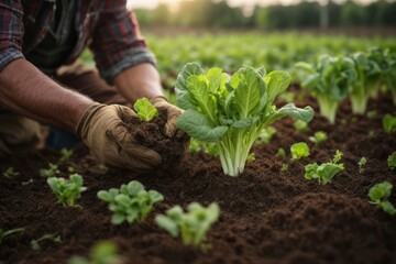 Farmer planting young lettuce seedlings in vegetable garden. agriculture, farming and harvesting concept