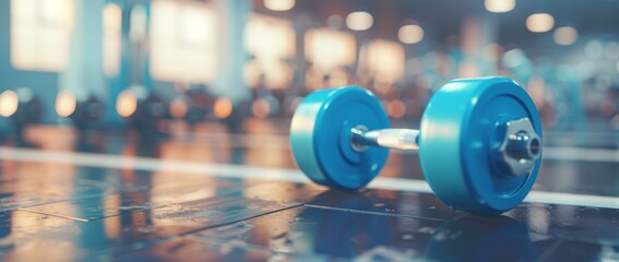 Blue dumbbell on the floor in the gym with a blurred background