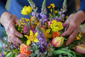 The woman's hands are decorated with a beautiful, large bouquet of blooming different flowers. Close-up.