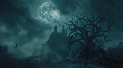 Castle In Spooky scary dark Night full moon. Holiday event halloween background