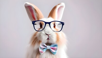 Cute funny rabbit Easter bunny with glasses and colourful tie bow for greeting cards or digital marketing