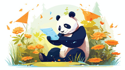 A panda catch a letter graphic design flat vector isolated