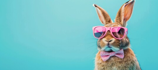 Portrait of a funny rabbit in pink sunglasses and a bow tie on a turquoise background with copy space for your design