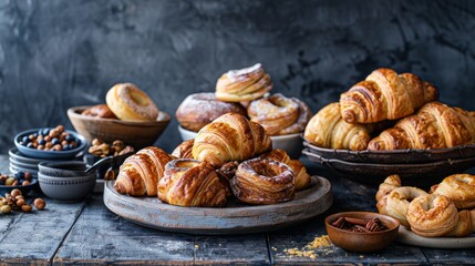 Table full of delicious croissants, doughnuts, sweet breakfast