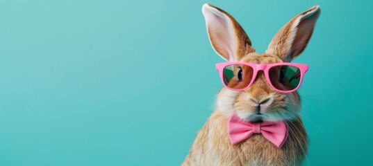 Portrait of a funny rabbit in pink sunglasses and a bow tie on a turquoise background with copy space for your design