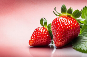 Two fresh ripe strawberries and strawberry leaves on a ight red background