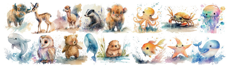 Fototapeta premium Watercolor Illustration Safari Animal banner. Cute characters isolated on white background, vector illustration set