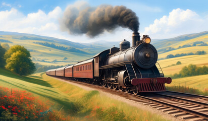 Classic steam locomotive moving through green fields, evoking a sense of nostalgia,ai generated - obrazy, fototapety, plakaty