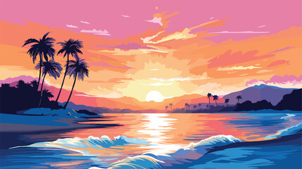 A serene beach at sunset with vibrant colors. flat vector