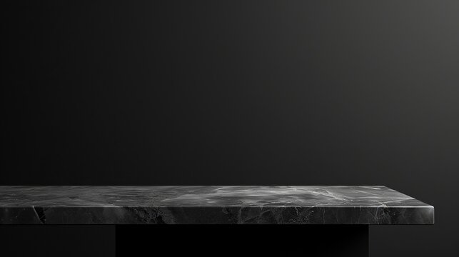 Empty Marble Black Table Countertop Elegantly Presented Against a Black Background. Minimalist Sophistication Concept.