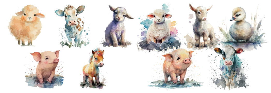 Watercolor Illustration Safari Animal banner. Cute characters isolated on white background, vector illustration set