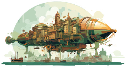 A steampunk-inspired airship floating above a bustli