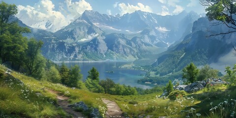 Fototapeta na wymiar landscape with a serene lake, lush greenery, and mountain range