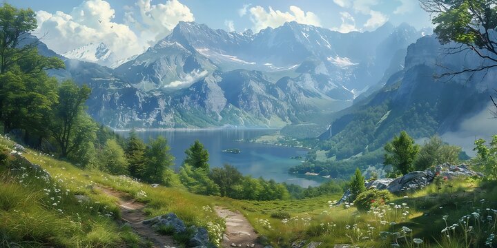 landscape with a serene lake, lush greenery, and mountain range