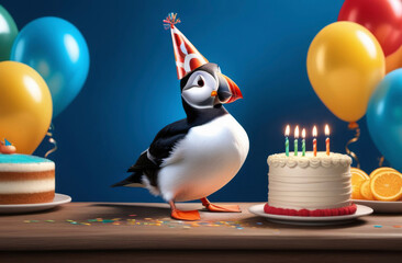 Cute cartoon puffin Happy Birthday greeting card, little puffin bird in a bday hat and cake with candles