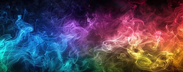 Abstract thin streams of colorful multi-colored smoke, chaotically intertwining with each other on black background - obrazy, fototapety, plakaty