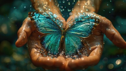A message of delicacy and care is conveyed as open hands gently embrace a Blue Morpho butterfly, showcasing its iridescent wings and highlighting the wonder of the natural world. - obrazy, fototapety, plakaty
