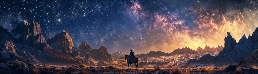 Fotobehang A cowboy rides towards a distant town, mountain peaks rising behind, under a vast, starry night sky. © pantip