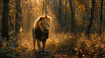 A forest alive with the song of the wind, where a lion roams freely, embodying the spirit of the wild - obrazy, fototapety, plakaty